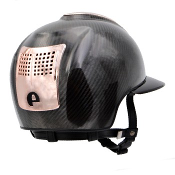 CASCO IN CARBONIO E-LIGHT NERO LUCIDO CON VISIERA NERA LUCIDA DA POLO E 3 INSERTI ORO ROSA