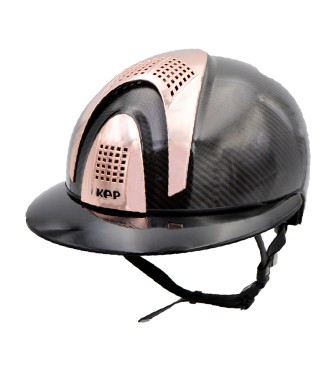 CASCO IN CARBONIO E-LIGHT NERO LUCIDO CON VISIERA NERA LUCIDA DA POLO E 3 INSERTI ORO ROSA