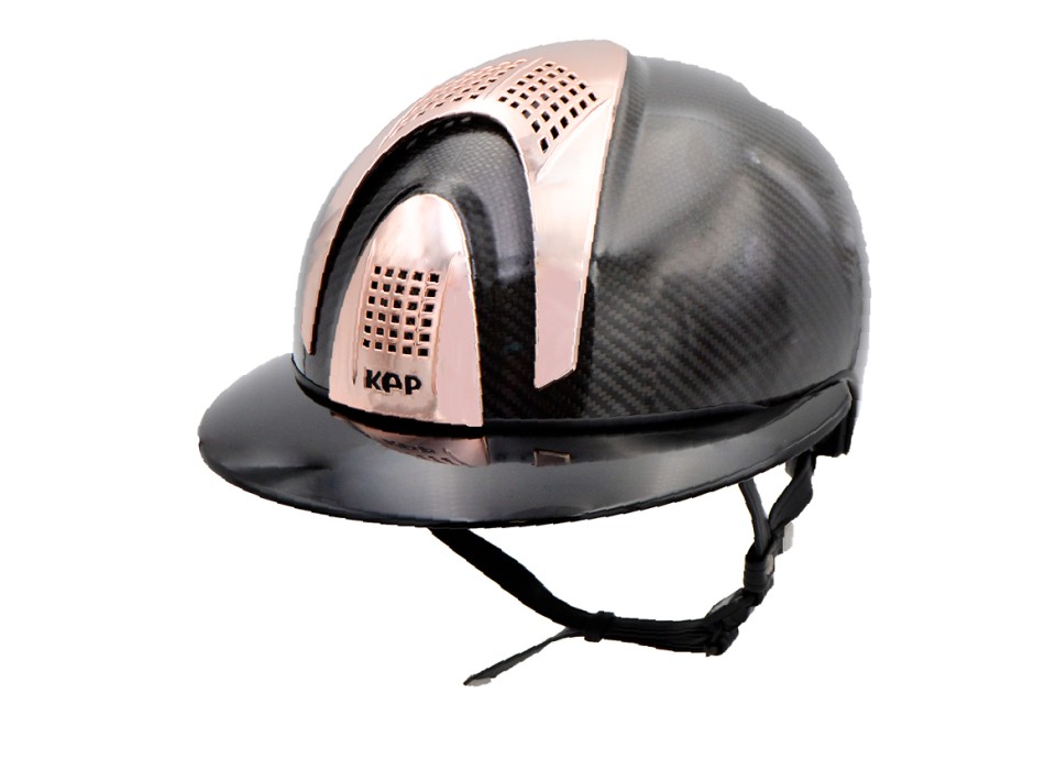 CASCO IN CARBONIO E-LIGHT NERO LUCIDO CON VISIERA NERA LUCIDA DA POLO E 3 INSERTI ORO ROSA