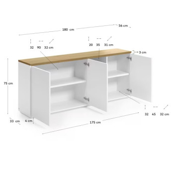 Credenza 3 ante Abilen impiallacciato rovere e laccato bianco 180 x 75 cm FSC 100%