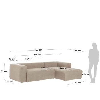 Divano Blok 3 posti chaise longue destra beige 300 cm