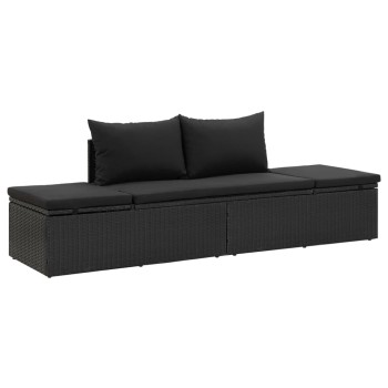 Lettino Prendisole con Cuscini in Polyrattan Nero