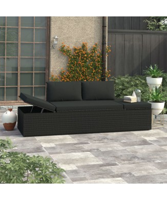 Lettino Prendisole con Cuscini in Polyrattan Nero