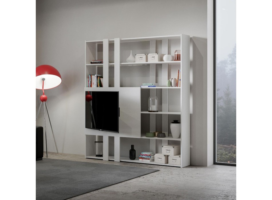 Libreria Kato Porta TV - Composizione H Kato 6R 2 fianchi 2 fasce lunghe 2 fasce corte 2 fasce medie pannello TV Bianco Frassino